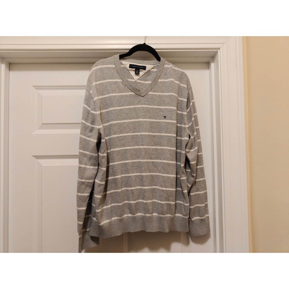 Tommy Hilfiger Mens XL‎ Grey White Striped V-Neck 100% Cotton Knit Sweater Logo